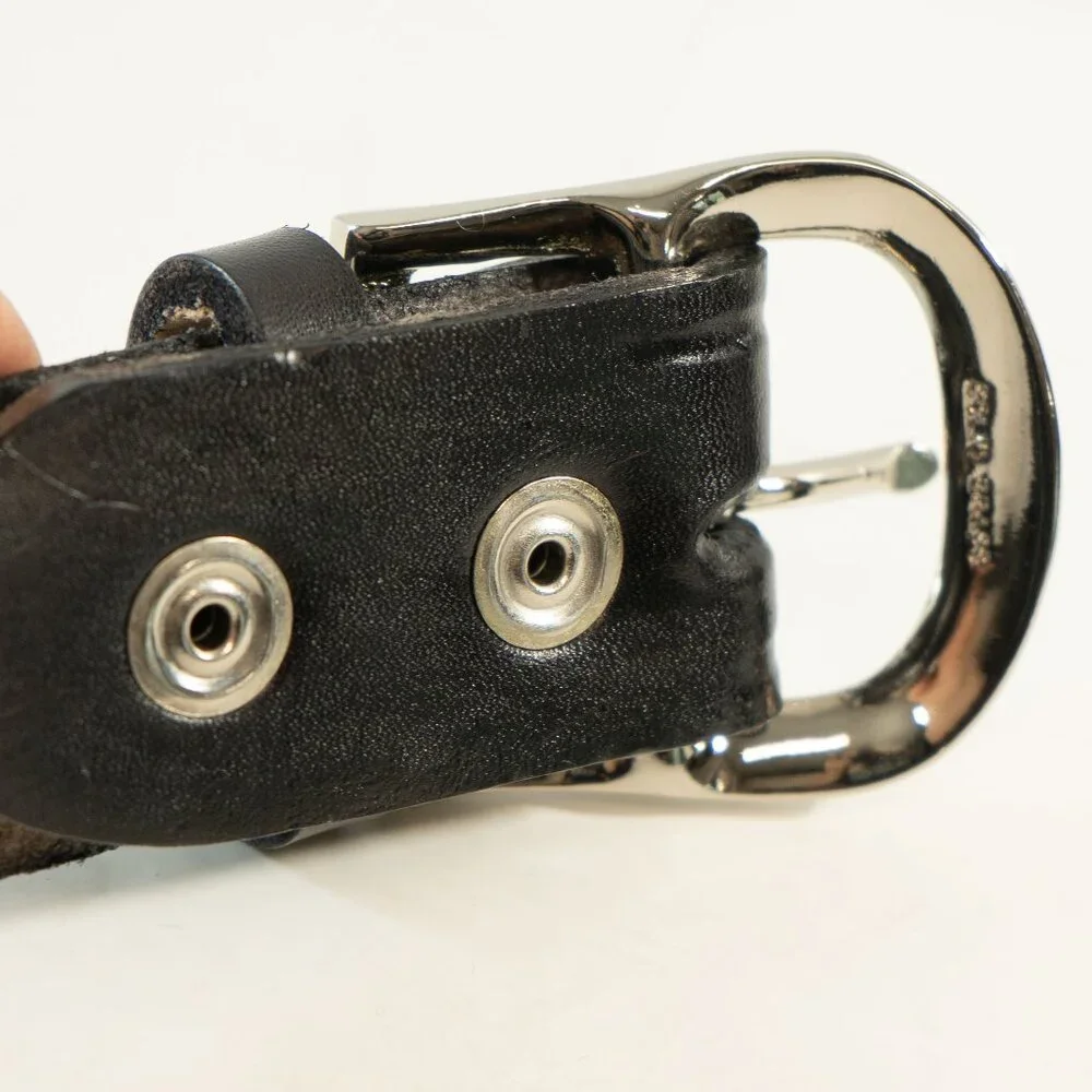 Vintage Black Leather Cowboy Belt Western Silver Tone Brass Buckle Heritage Belt
